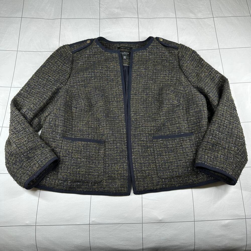 Talbots Jacket Womens 16W Petite Green Navy Tweed Wool Blazer Alpaca Open Front